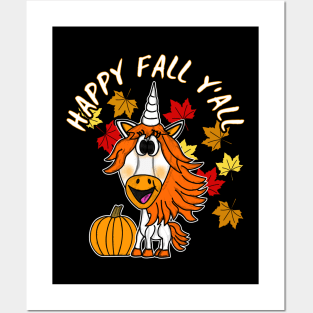 Happy Fall Y'All Unicorn Leaves Pumpkin Autumn Posters and Art